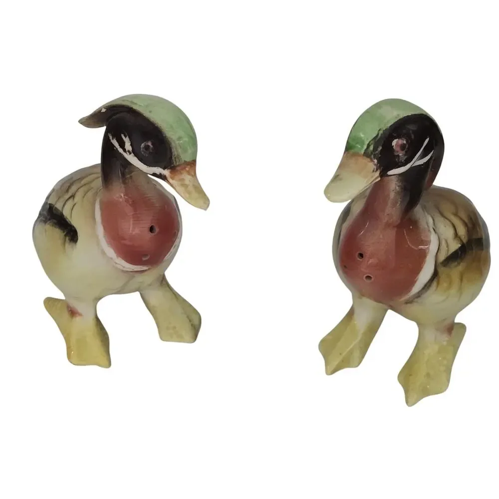 Vintage Ceramic Crested Duck Salt Pepper Shakers MCM Kitsch Figural Birds